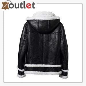 New Mens Shearling Black B3 Bomber Hooded Leather Fur Jacket