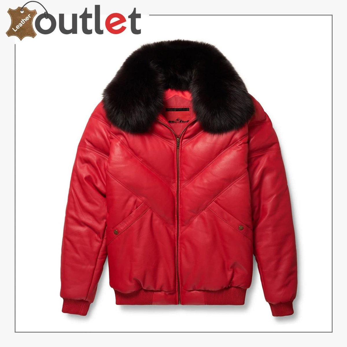 Red V-bomber leather jacket for men, front view with collarless V neckline