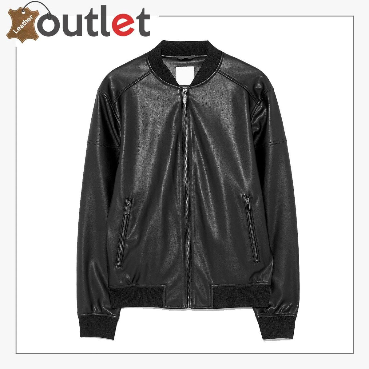 New style black leather bomber jacket with modern cut, front view
