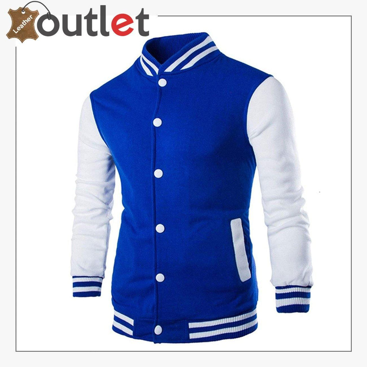 New style leather varsity jacket for men, front view with snap front