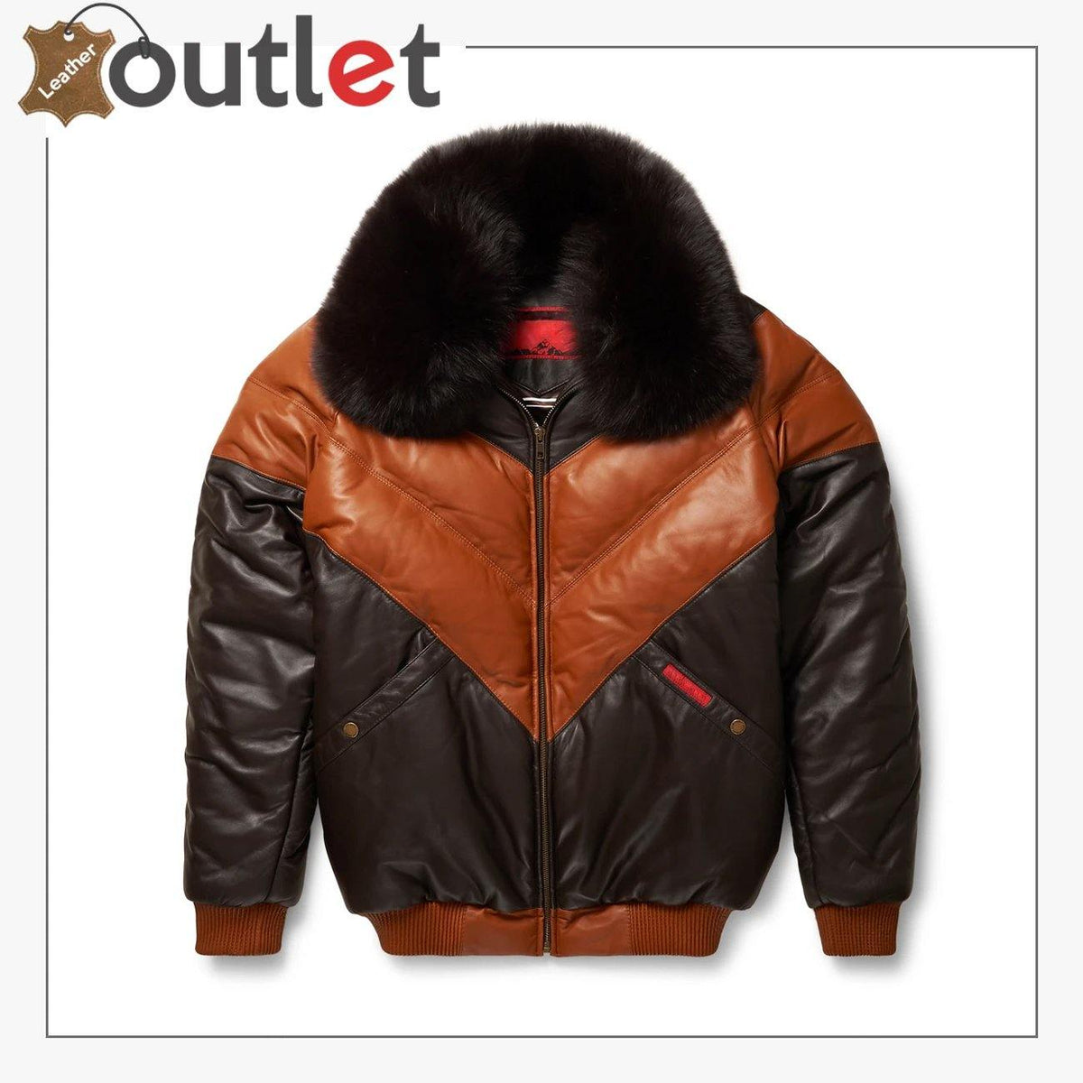 New style V-bomber leather jacket in black, front view with shallow V neckline