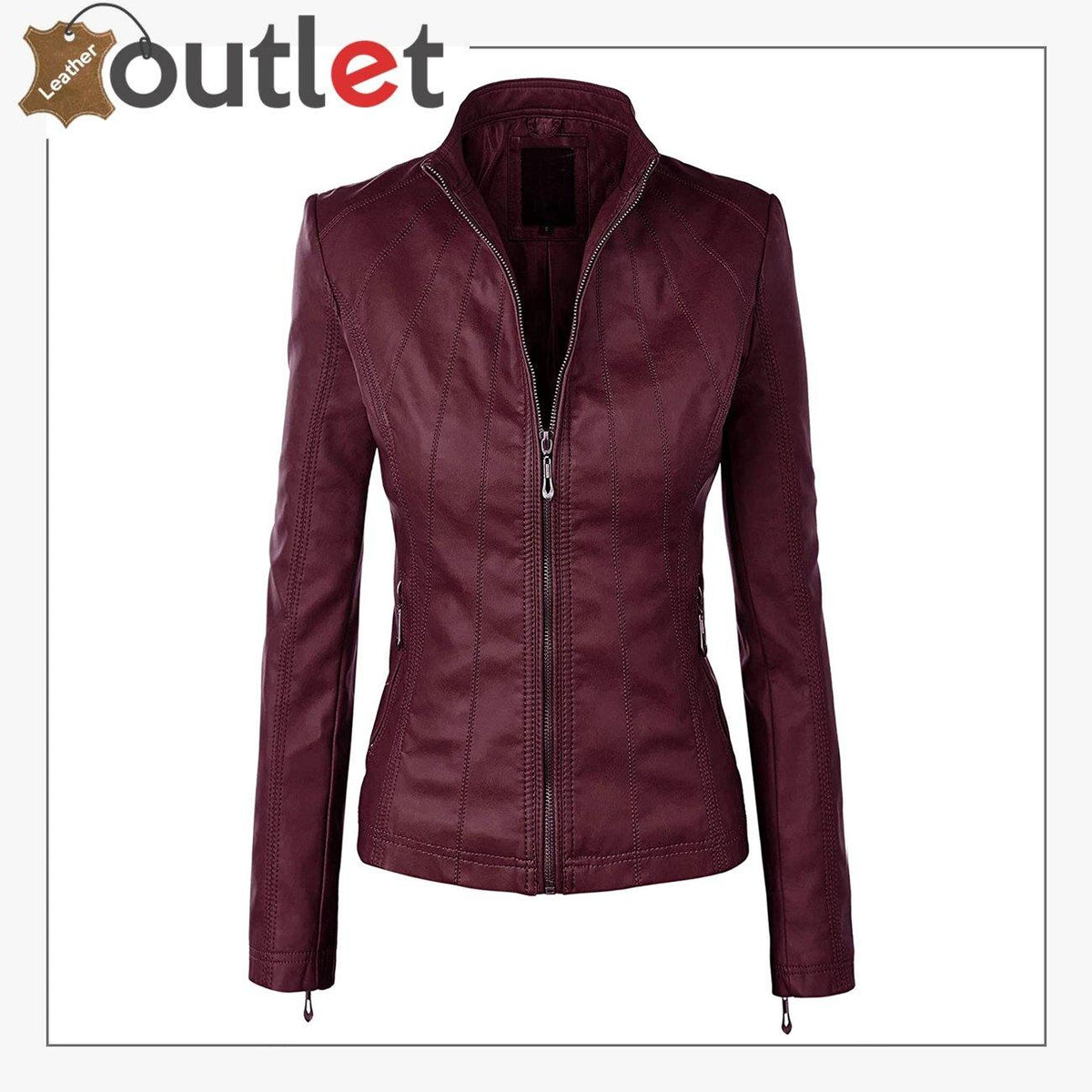 Womens black real leather fashion jacket, front view