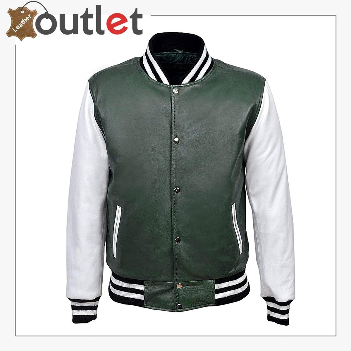 Green and white slim fit varsity baseball jacket for men, front view