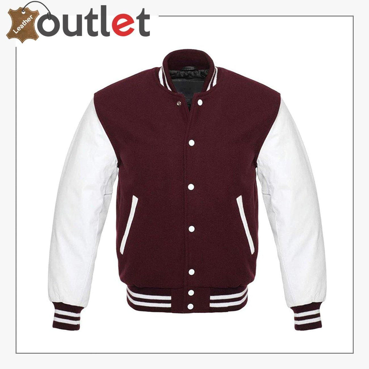 New style varsity leather jacket for men, front view with narrow knit trim