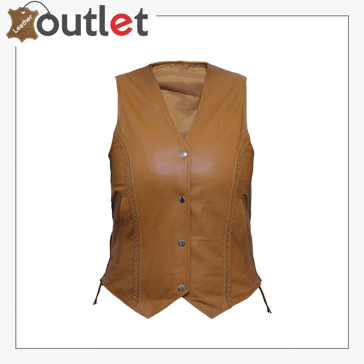 Womens brown soft leather biker vest waistcoat, front view