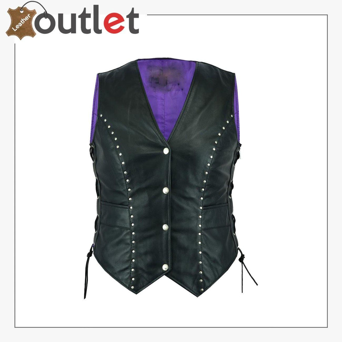 Ladies black leather biker vest waistcoat in updated cut, front view