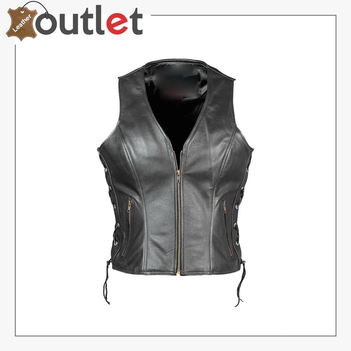 Womens classic black cowhide leather biker waistcoat, front view