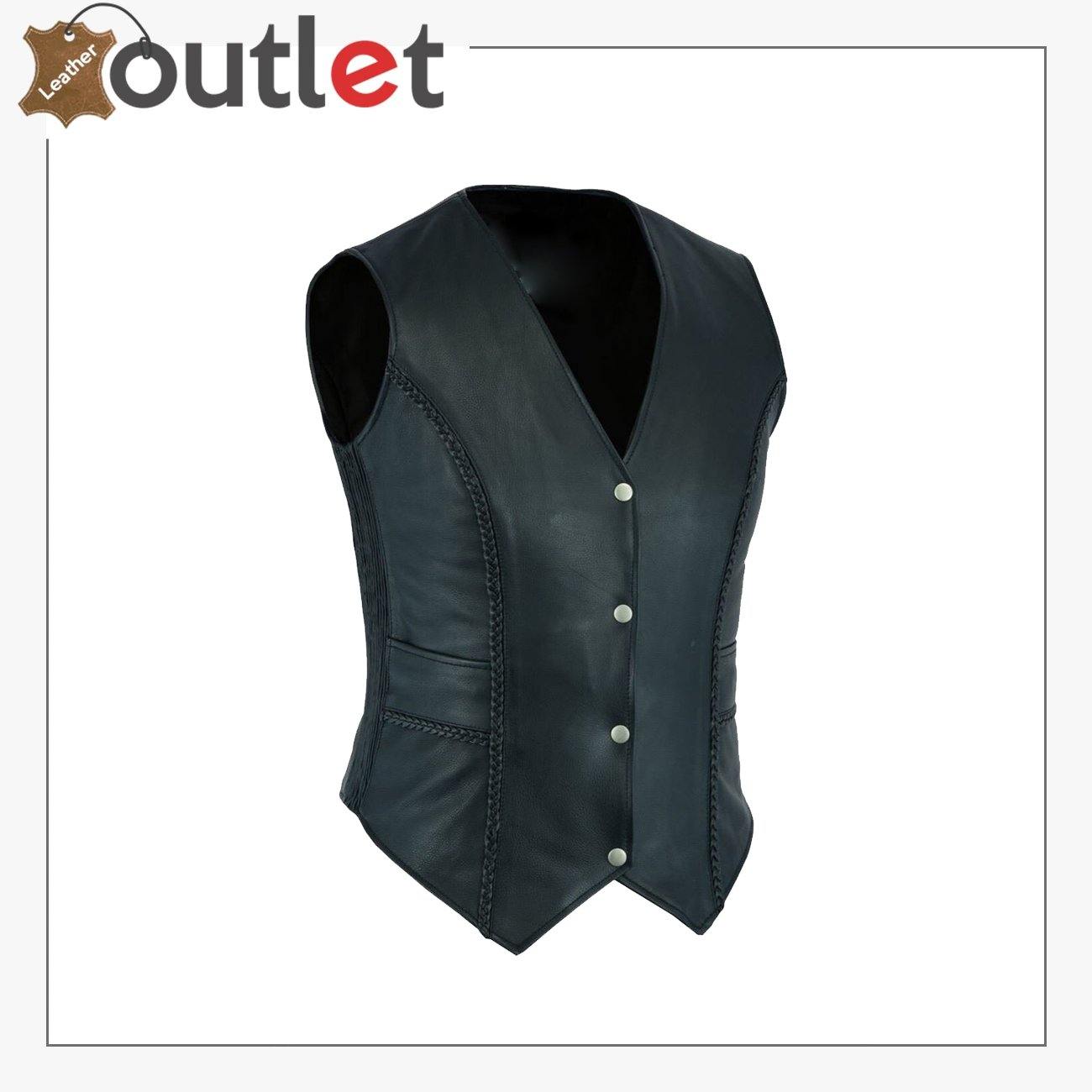 New Womens ladies Genuine Real Leather Braided Black Waistcoat Gillette Vest