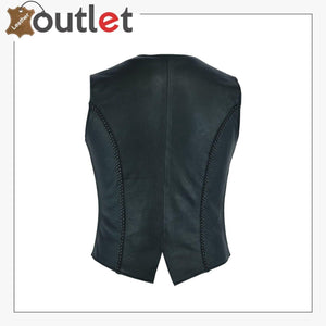 New Womens ladies Genuine Real Leather Braided Black Waistcoat Gillette Vest