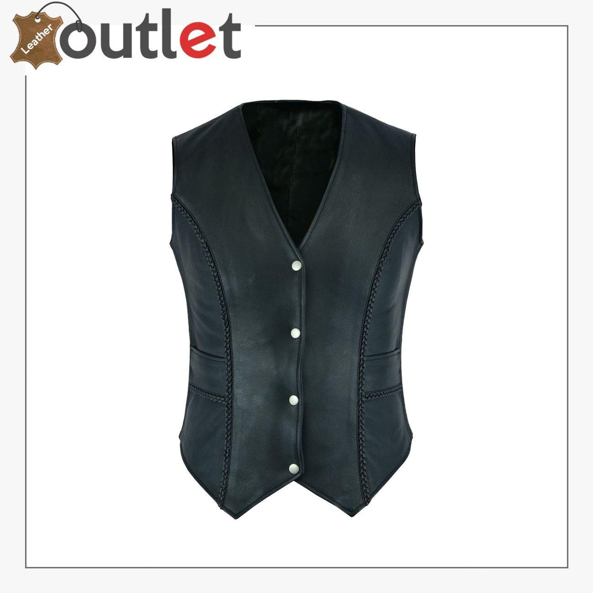 Womens genuine black leather braided waistcoat, front view