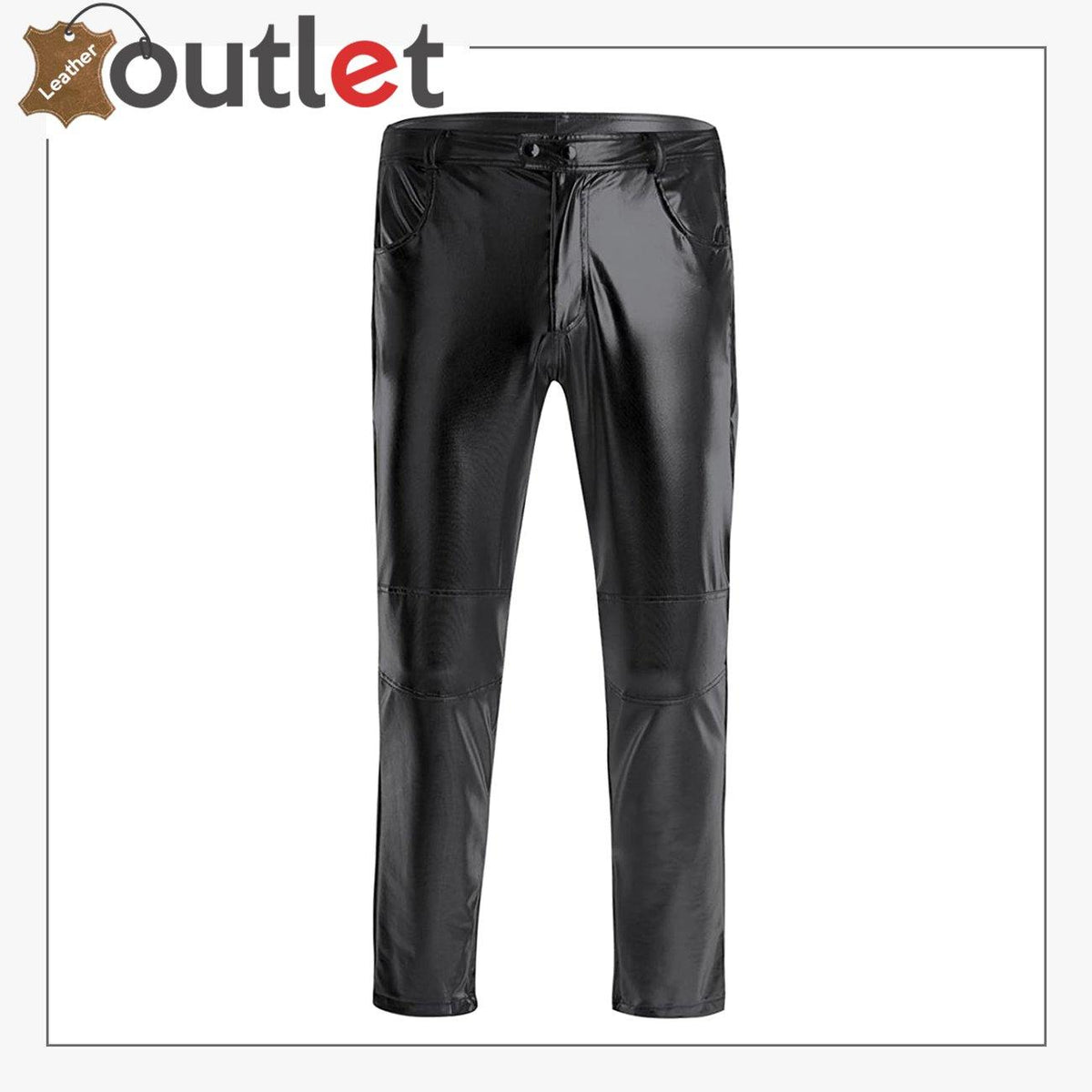 Night club metallic leather straight leg trousers for men, front view