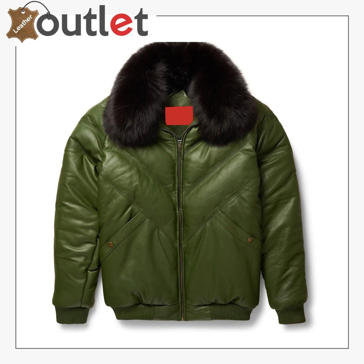 Olive green leather V bomber jacket for men, front view