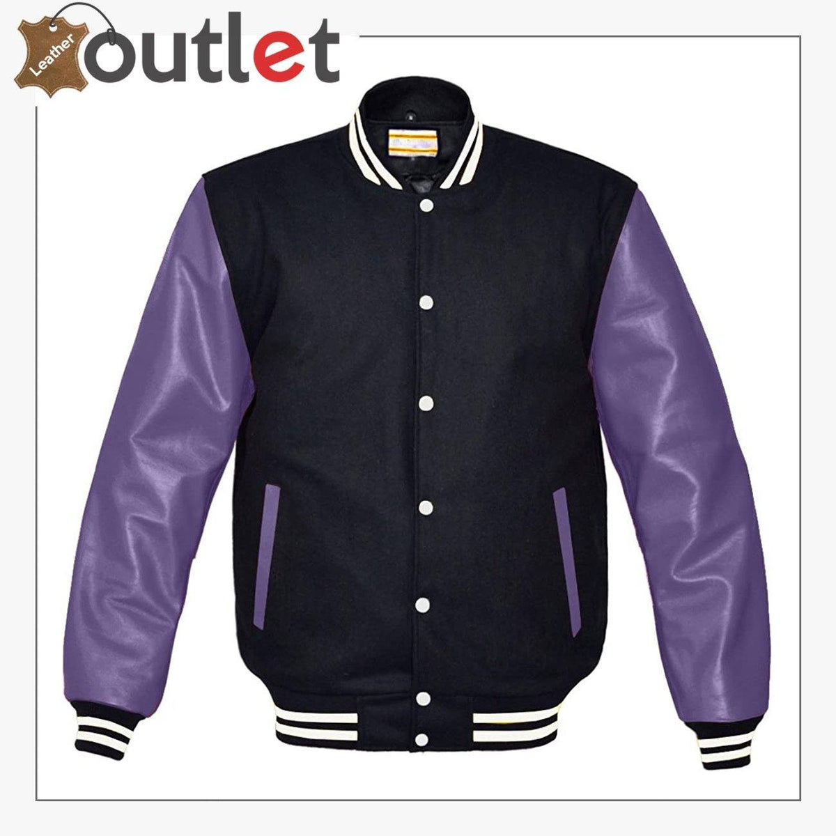 Purple leather varsity jacket for women, front view