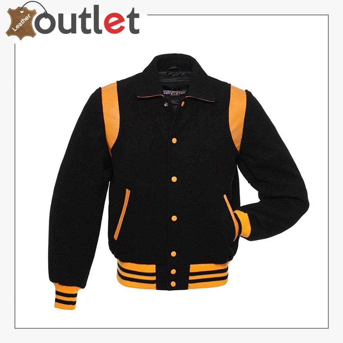 Original leather varsity letterman jacket for men, front view with snap front