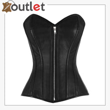 Load image into Gallery viewer, Overbust Bustier Full Steel Boned Victorian Gothic Black Real Leather Zip Corset
