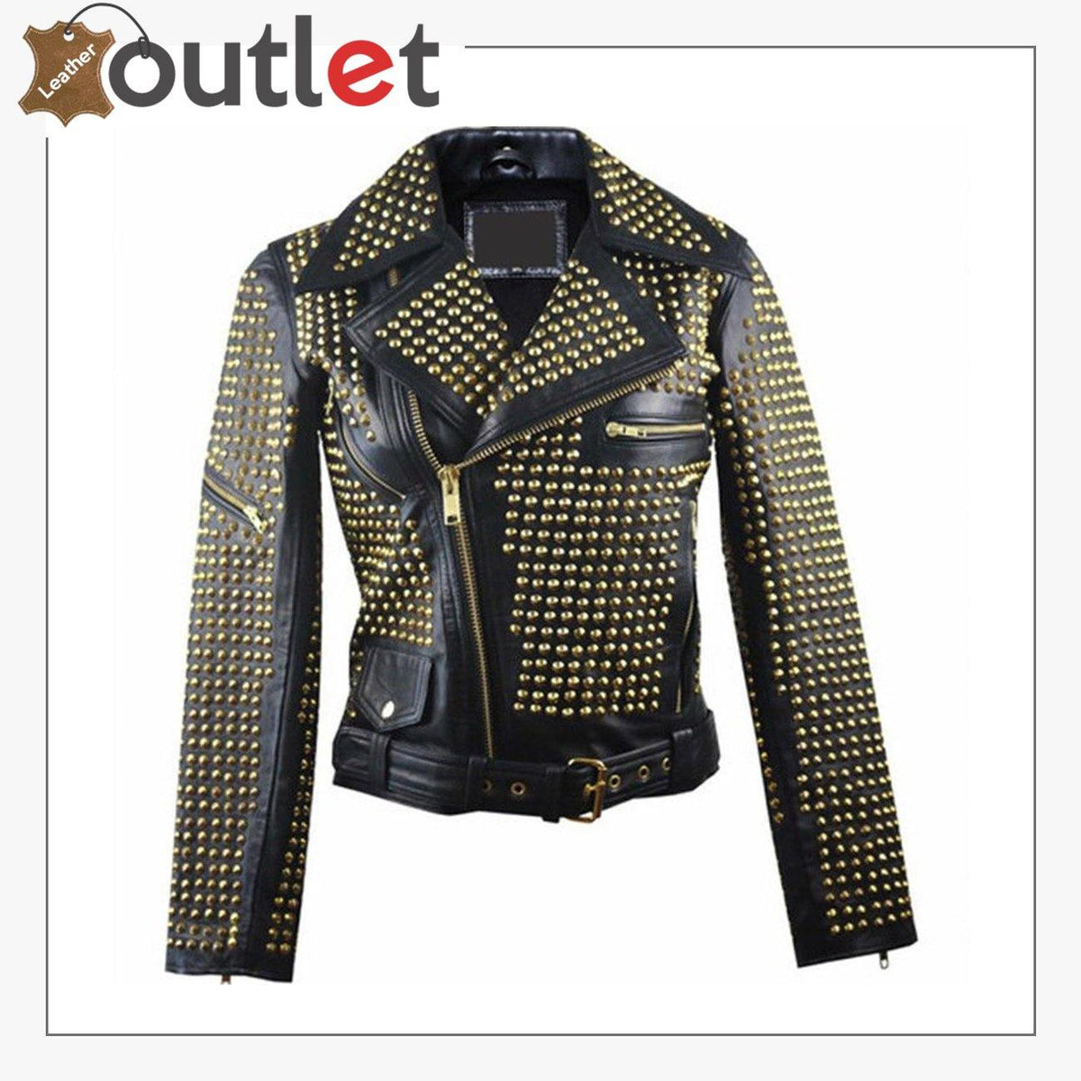 Personalized zipper short studded leather jacket in black with hand-set silver studs, front view