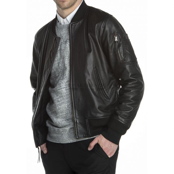 Pilot leather bomber jacket for men in brown real hide
