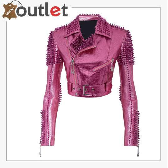 Pink metallic studded biker jacket, front view with asymmetric zip