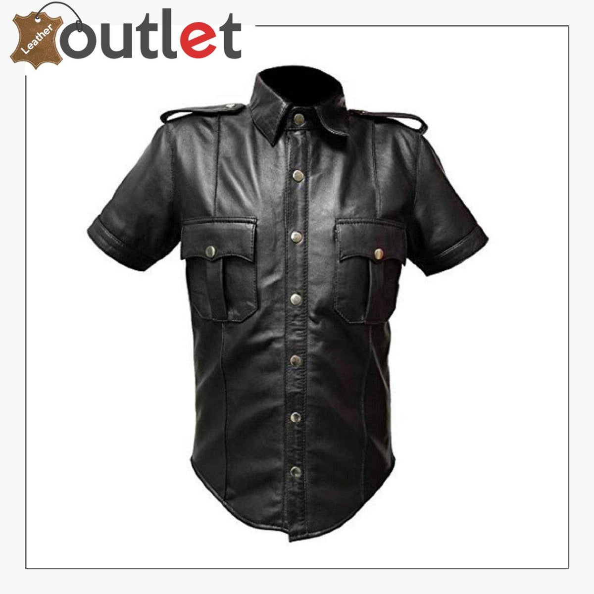 Men's police style half sleeve black leather shirt with flapped chest pockets, front view
