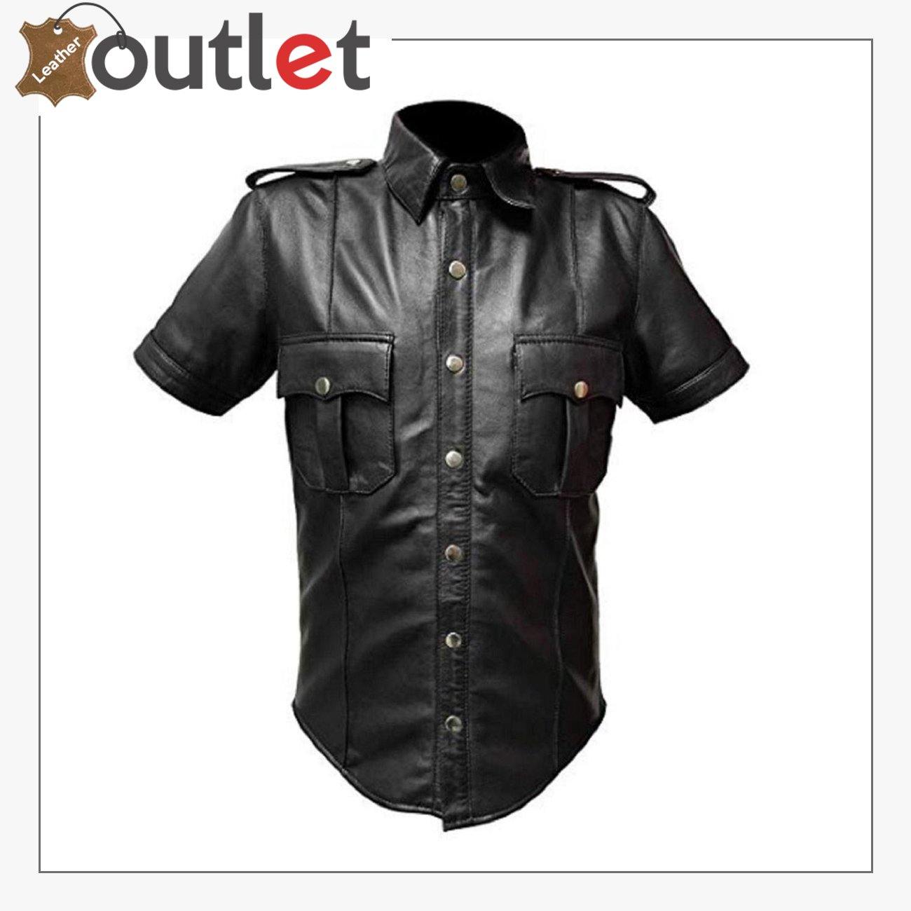 Police Style Mens Leather Shirt Half Sleeve Shirt Police Style Mens Leather Shirt Half Sleeve Shirt