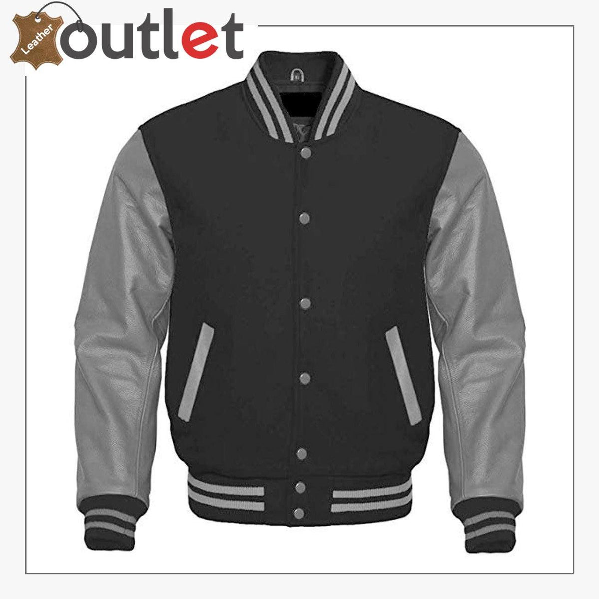 Premium letterman baseball varsity jacket with wool body and leather sleeves, front view