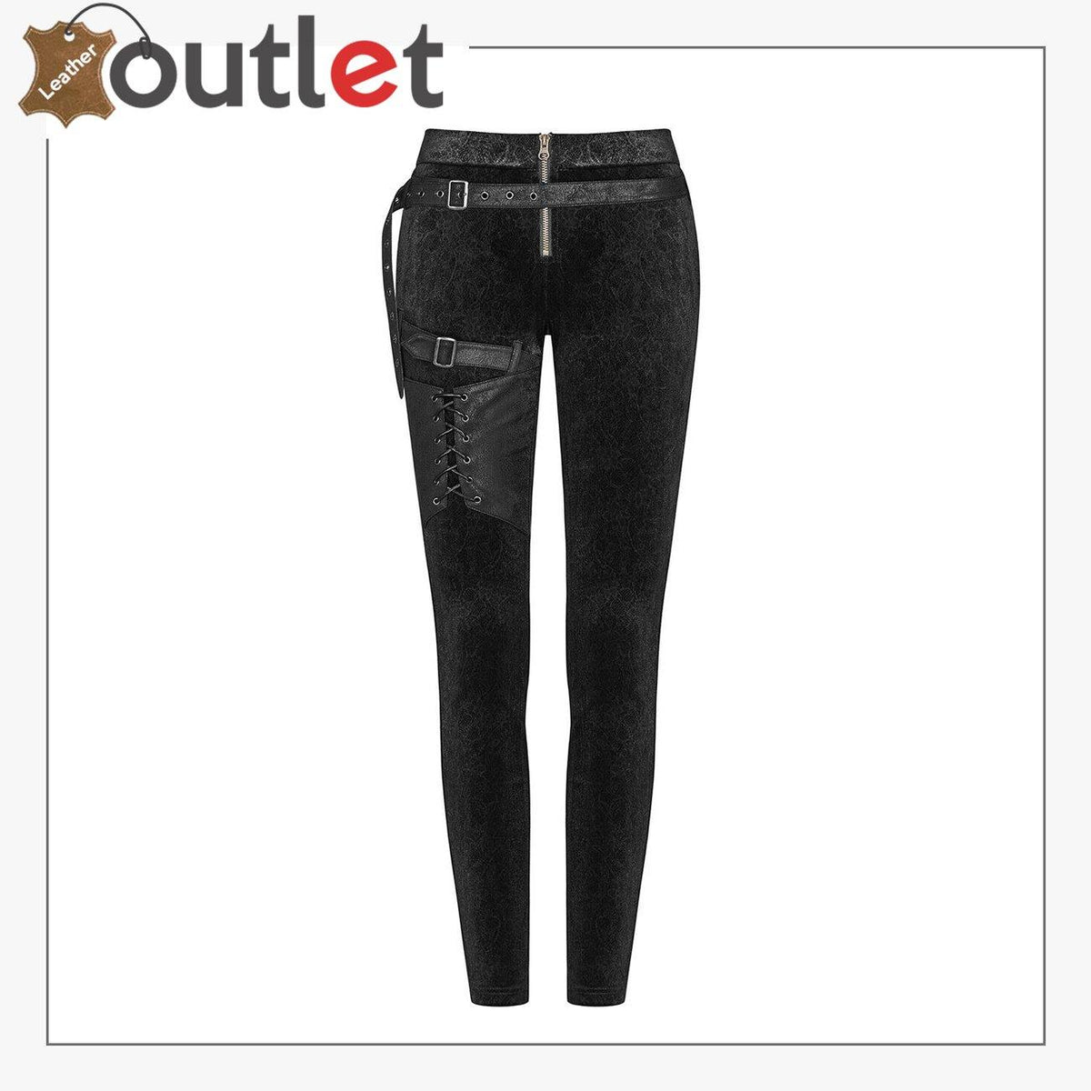 Womens black steampunk gothic leather leggings with floral panel detail, front view