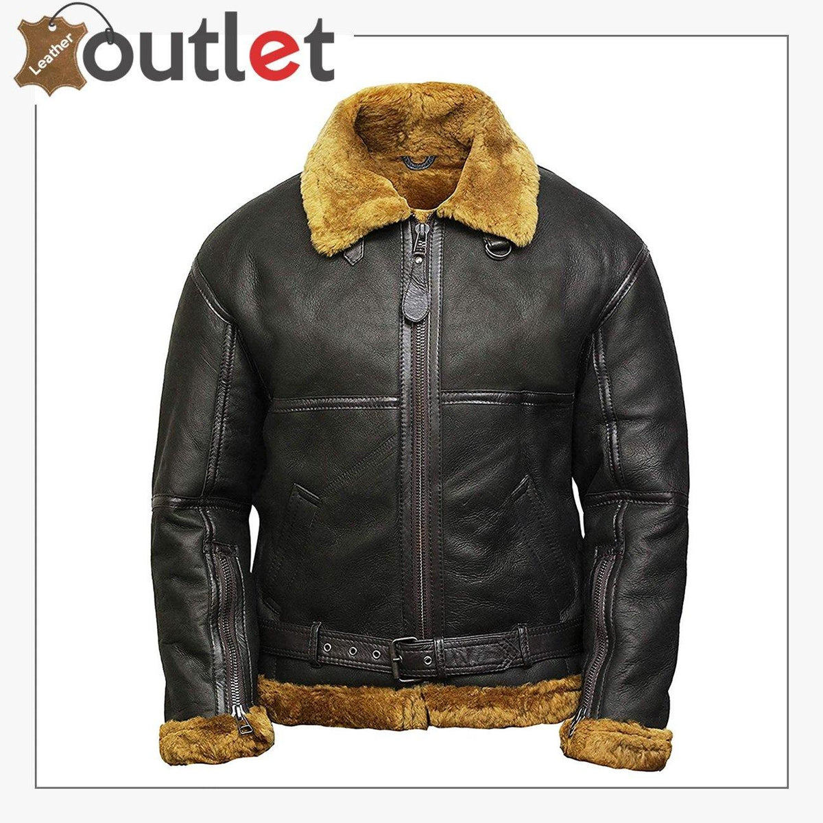 Real B3 bomber leather jacket for men with shearling collar and throat straps, front view