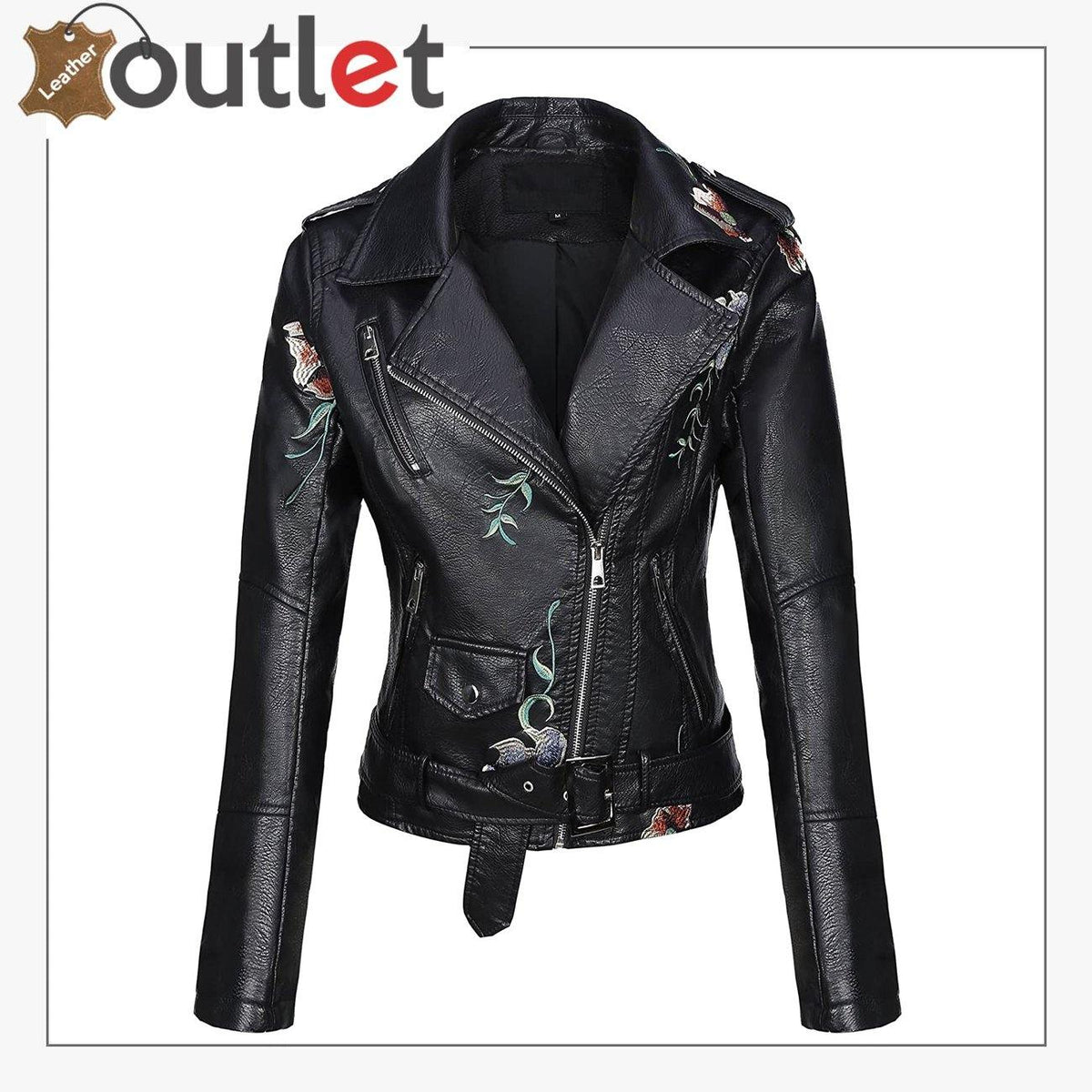 Real black leather studded jacket for women, front view