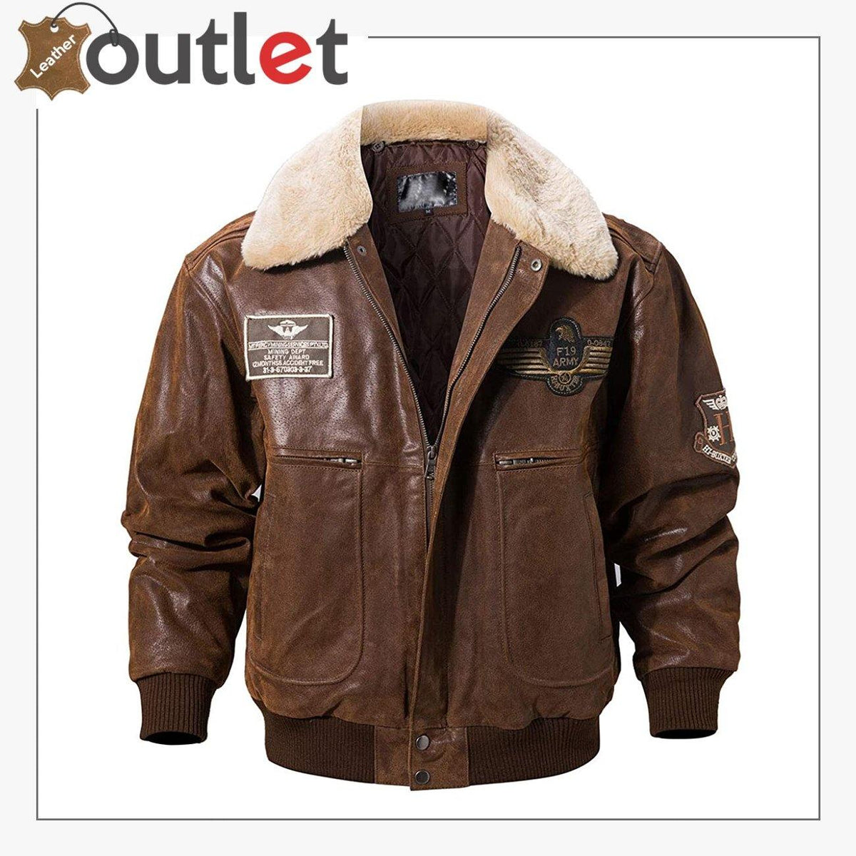 Real leather bomber jacket with removable fur collar, front view