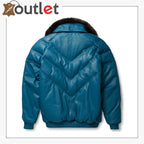 Real Quality Fur Teal Leather V Bomber Jacket