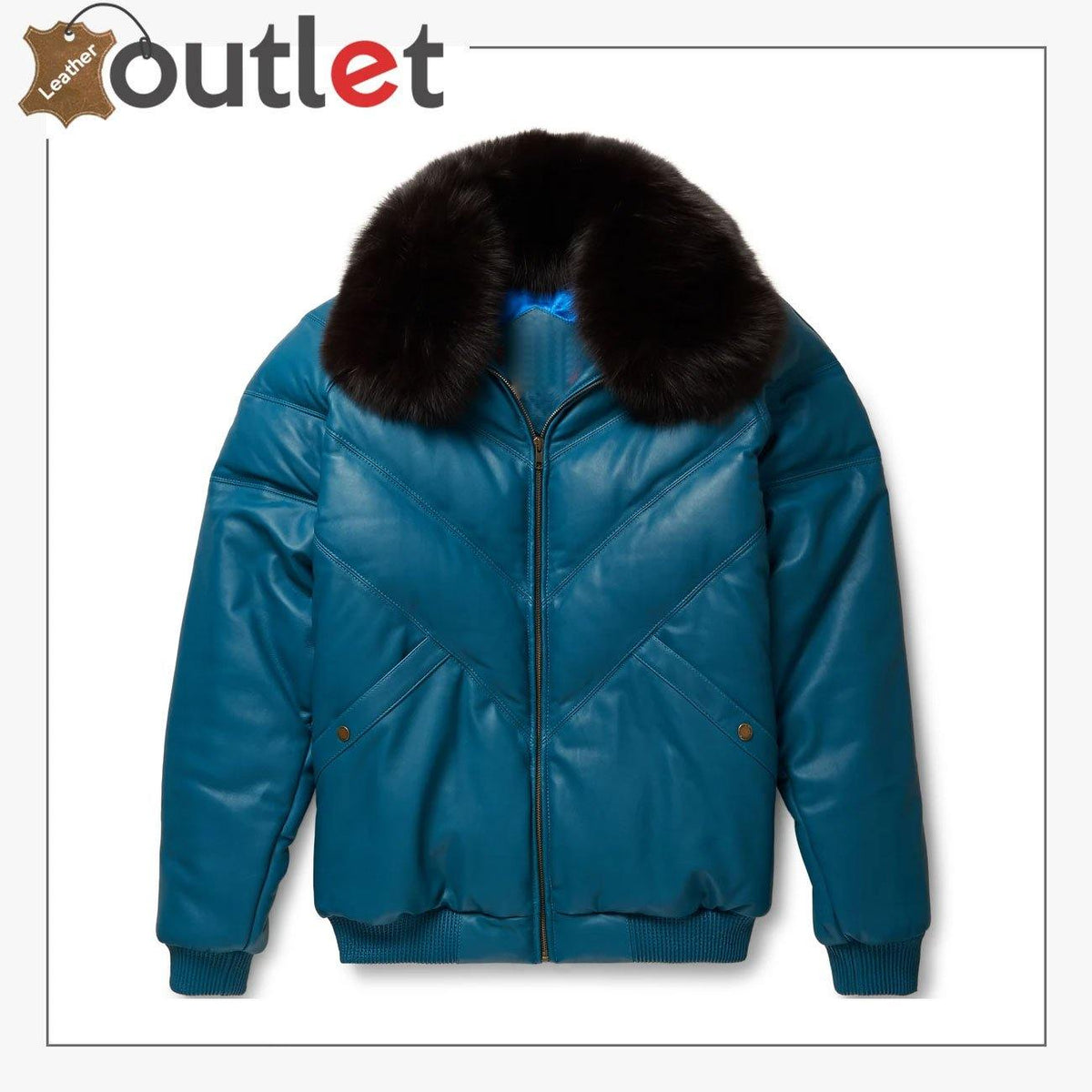 Teal leather V bomber jacket with fur collar, front view