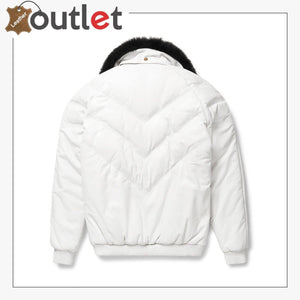 Real White V-Bomber Leather Jacket For Men