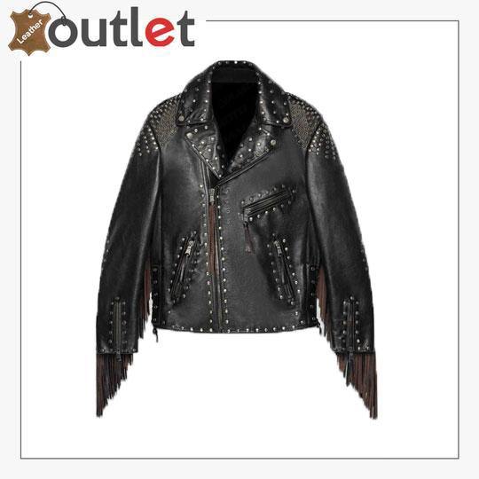 Studded leather biker jacket with fringe, front view