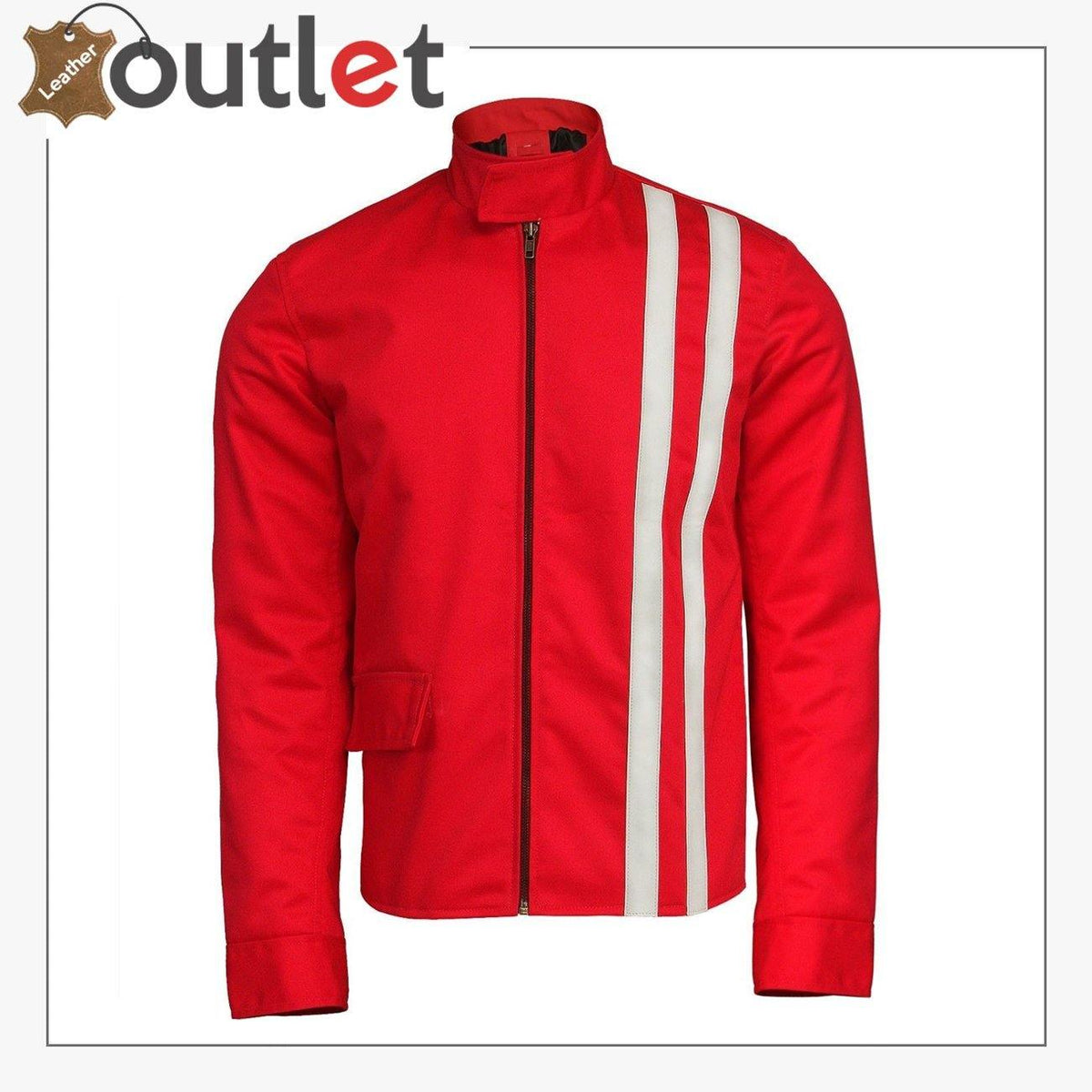 Red slim fit leather jacket for men, front view with zip