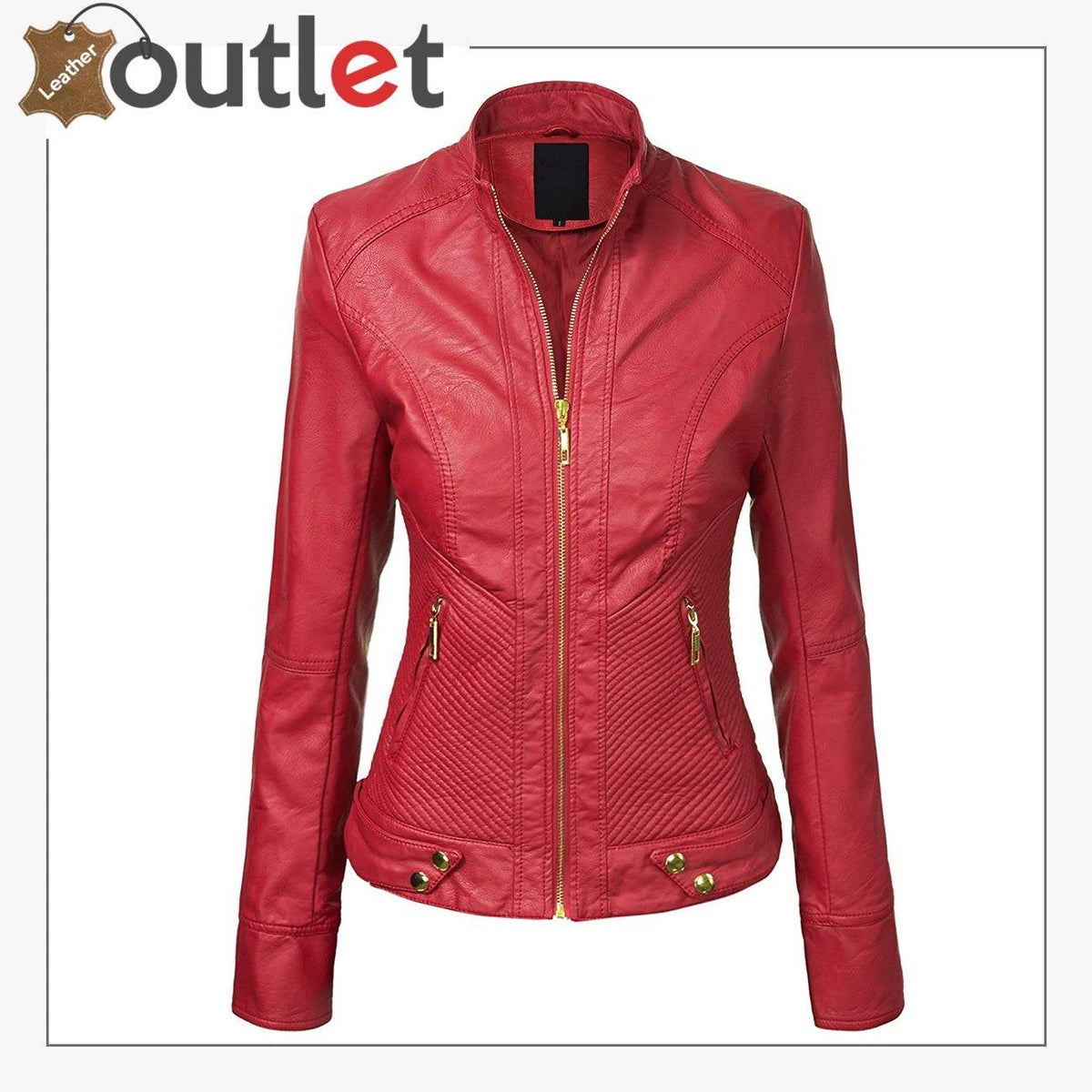 Red high shine leather fashion jacket for women, front view