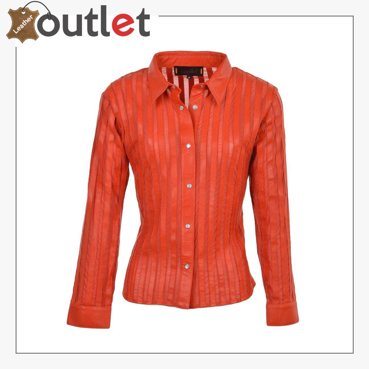 Red womens real leather shirt with collar, front view