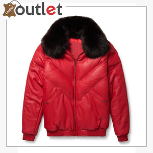Red Real Qualilty Shearling Mens V Bomber Leather Jacket - Leather Outlet