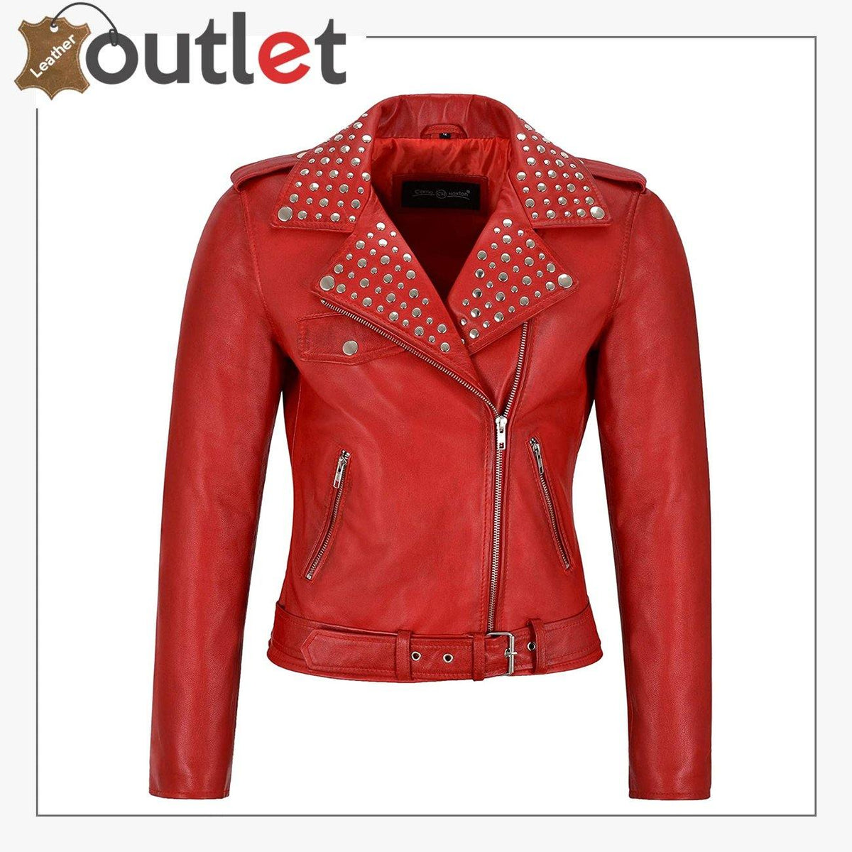 Red studded rock biker style leather jacket with silver studs, front view