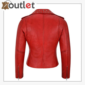 Red Studded Rock Chic Biker Motorcycle Style Leather Jacket