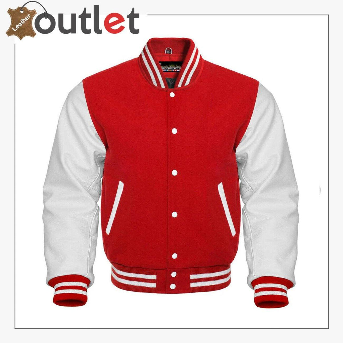 Red wool varsity jacket with white leather sleeves, front view