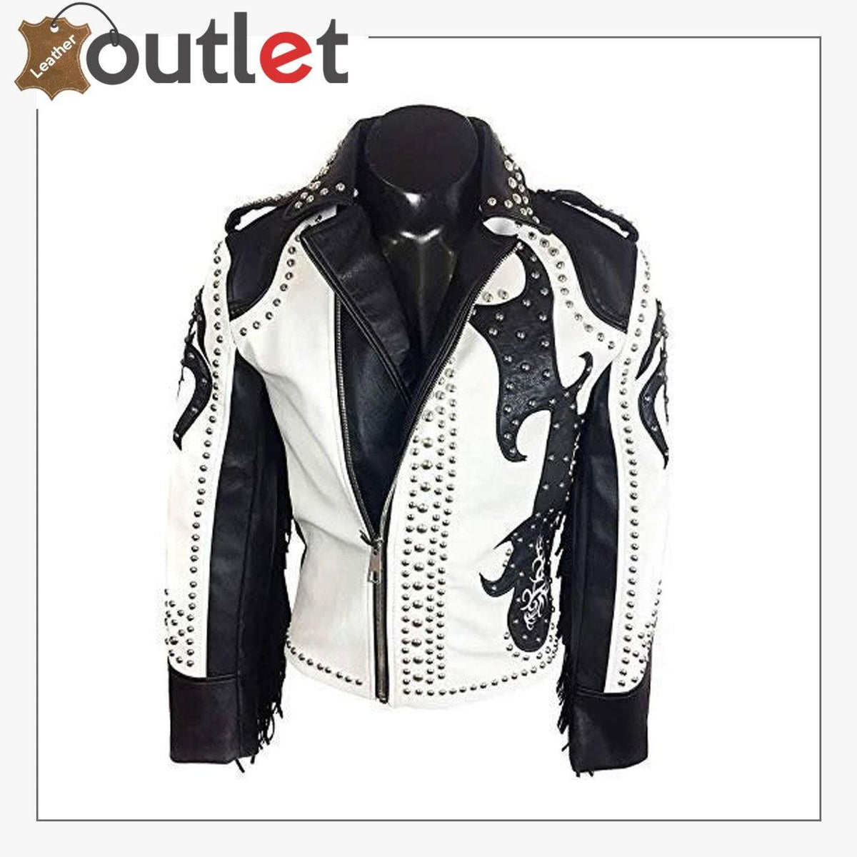 Rock punk gothic studded fringe biker leather jacket, front view