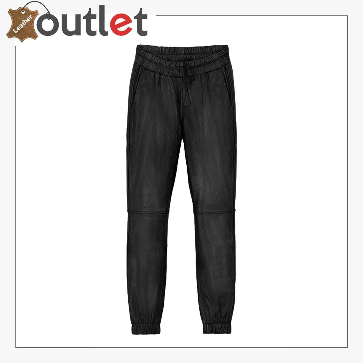Womens black lamb leather jogger pants with elasticated waist, front view