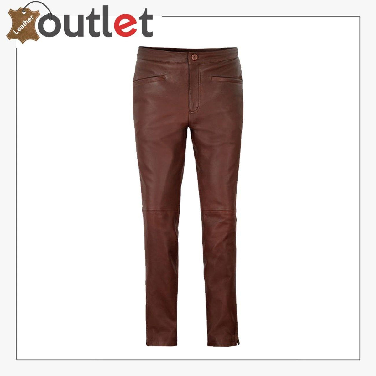 Soft burgundy leather pants for women with washed finish, front view
