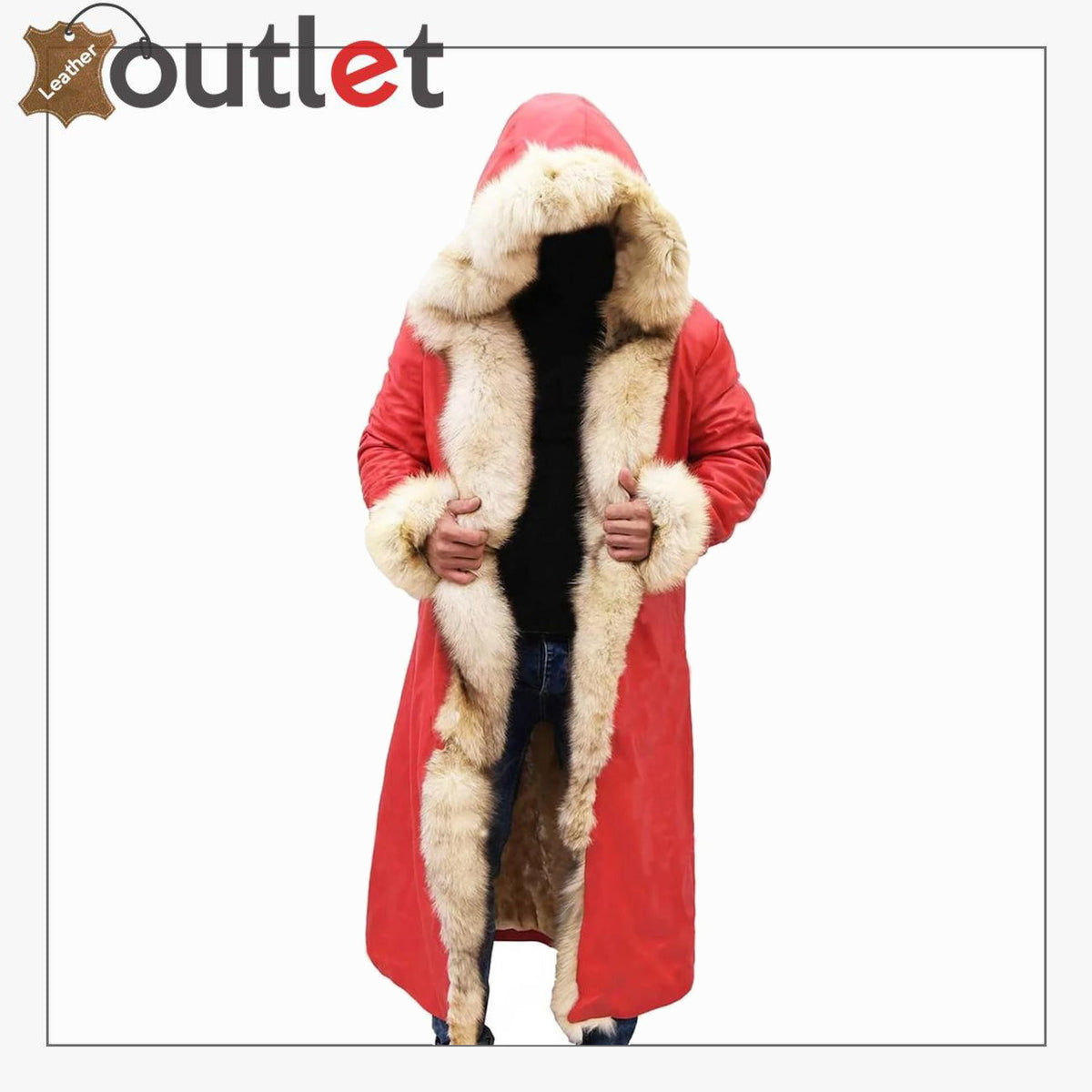 Long Santa Claus red leather coat with white trim
