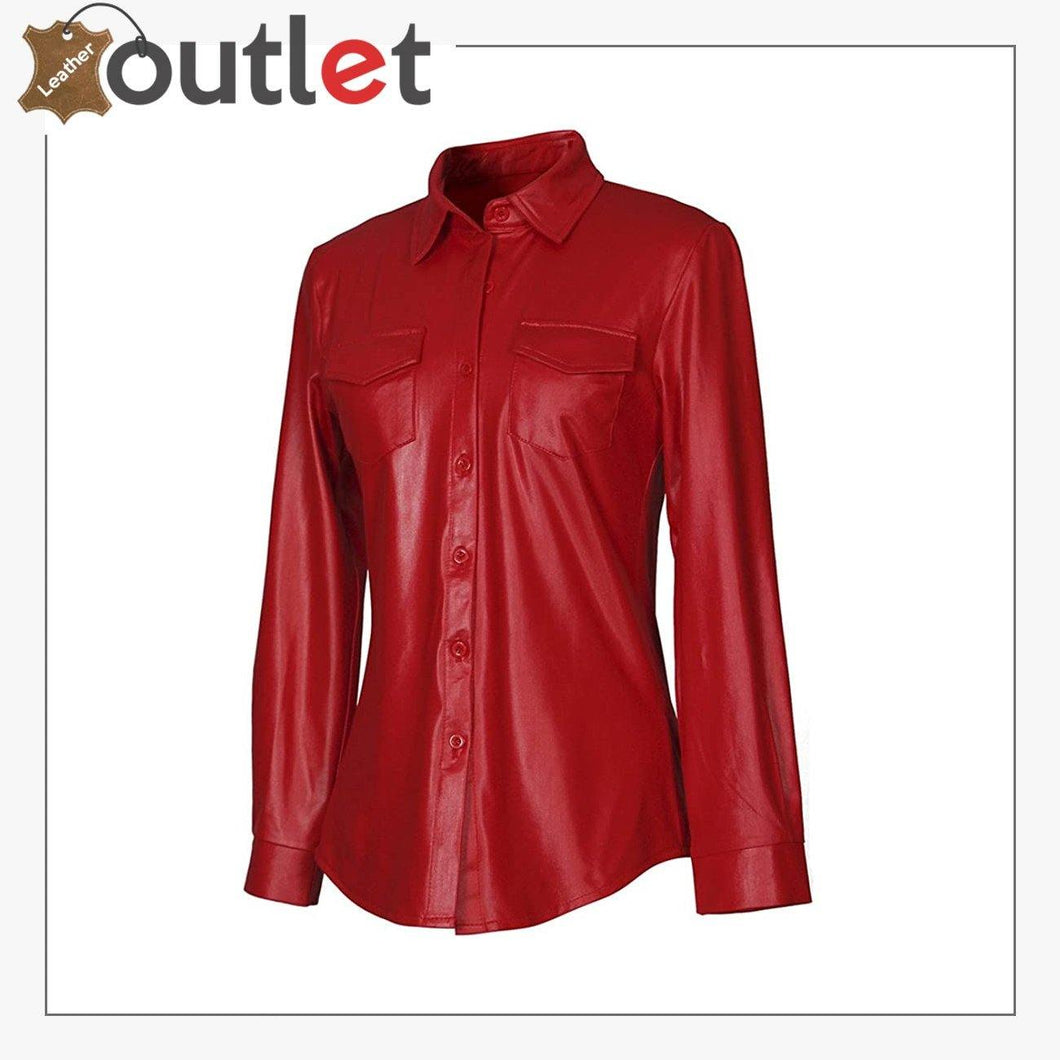 Shiny Metallic PU Faux Leather Shirt For Women