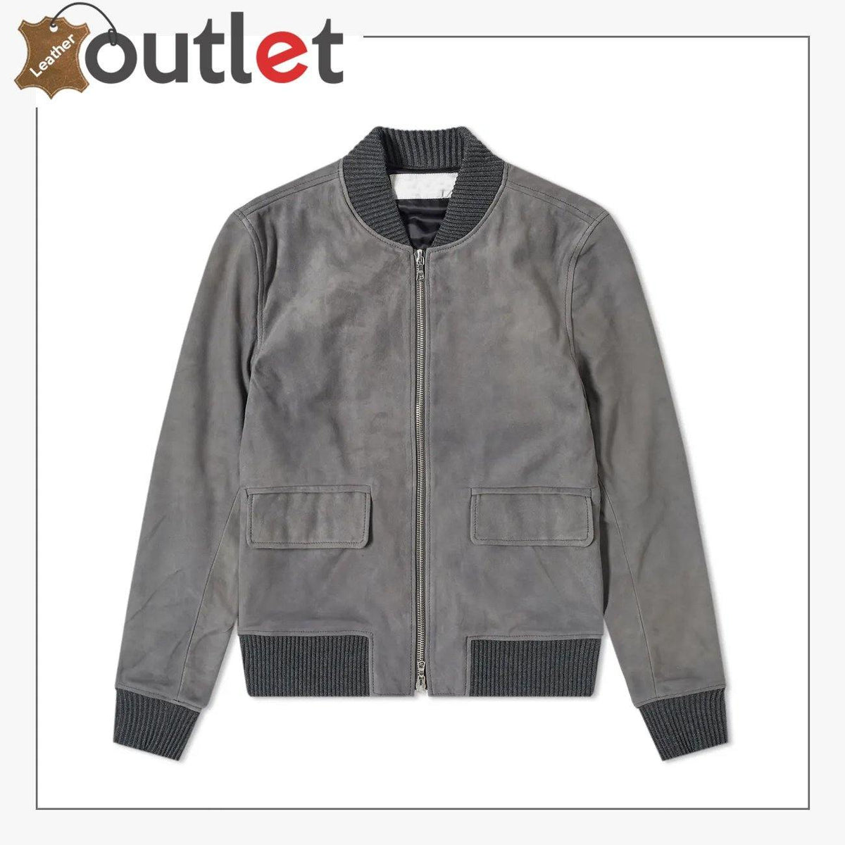 Mens brown suede leather bomber jacket with ribbed trims, front view