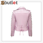 Soft Pink Studded Leather Biker Jacket - Leather Outlet