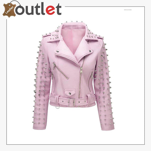 Soft Pink Studded Leather Biker Jacket - Leather Outlet