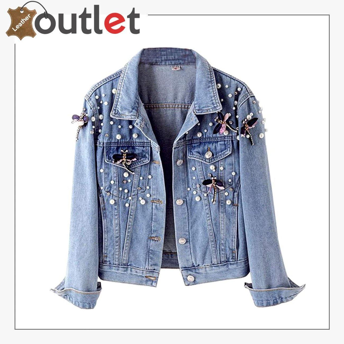 Womens studded denim jacket with pearl beading, front view