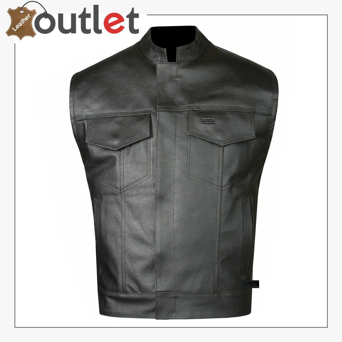 Classic design black genuine leather waistcoat for men, front view